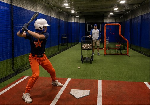 NV Stars player in his batting stance inside an indoor turf batting cage while a coach loads the pitching machine