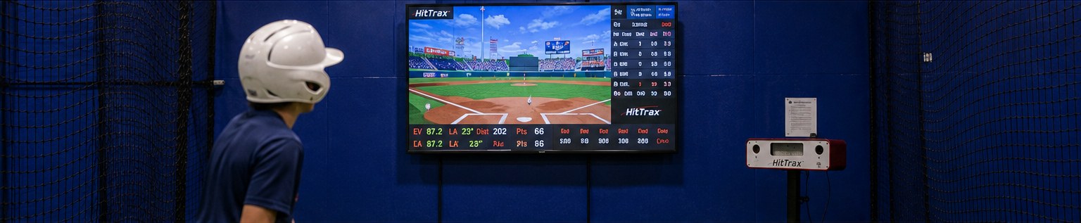 HitTrax simulator screen showing exit velocity, launch angle and distance next to the sensor unit in the NVBA cage
