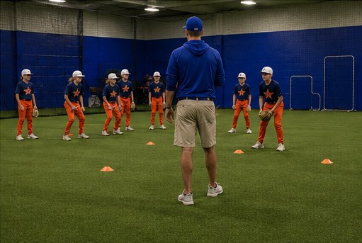 Coach leading an NV Stars team practice on the indoor turf field at the NVBA facility